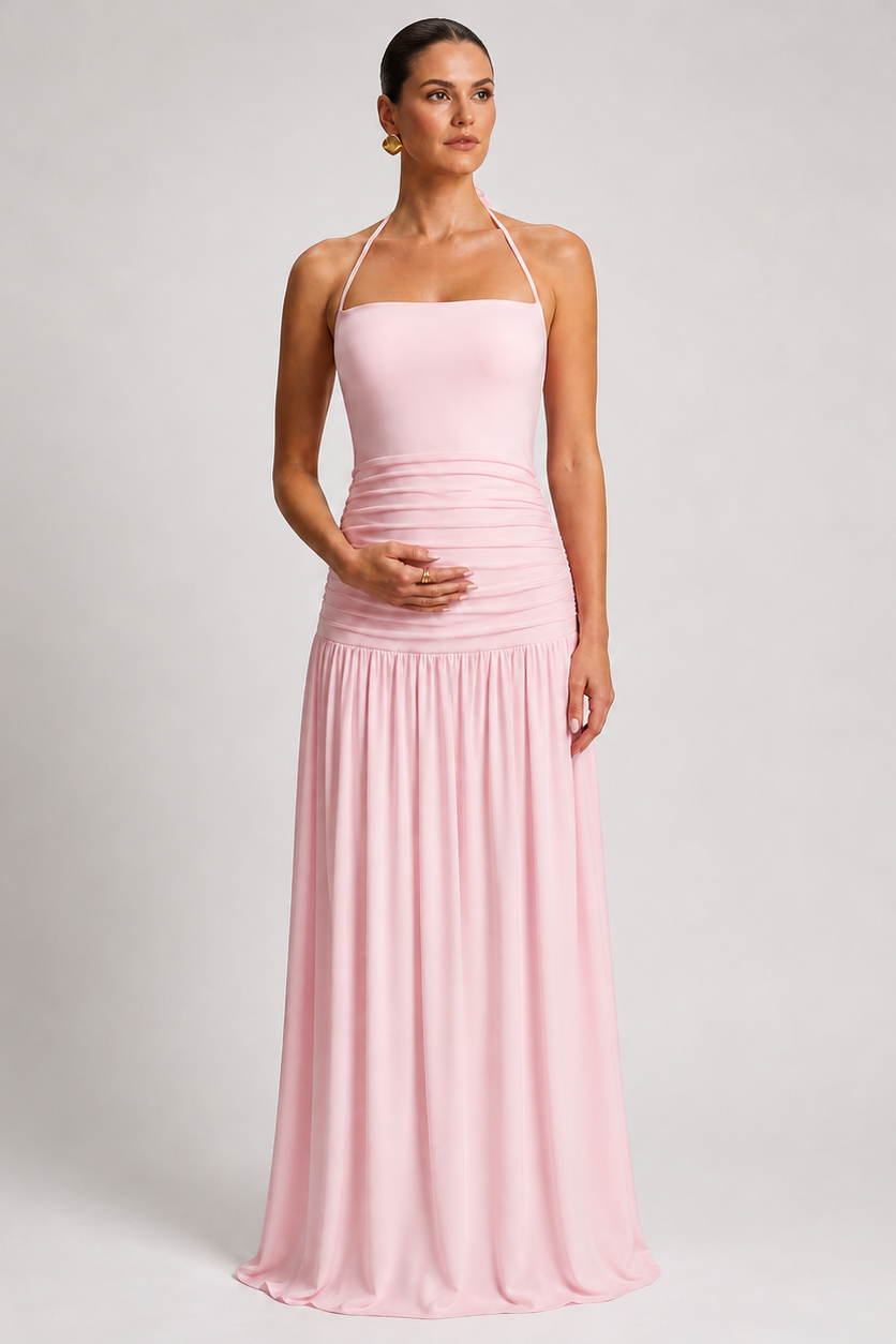 Maternity Maxi Dress – Halter Sleeveless Pregnancy Dress with Pleated – HighTouch