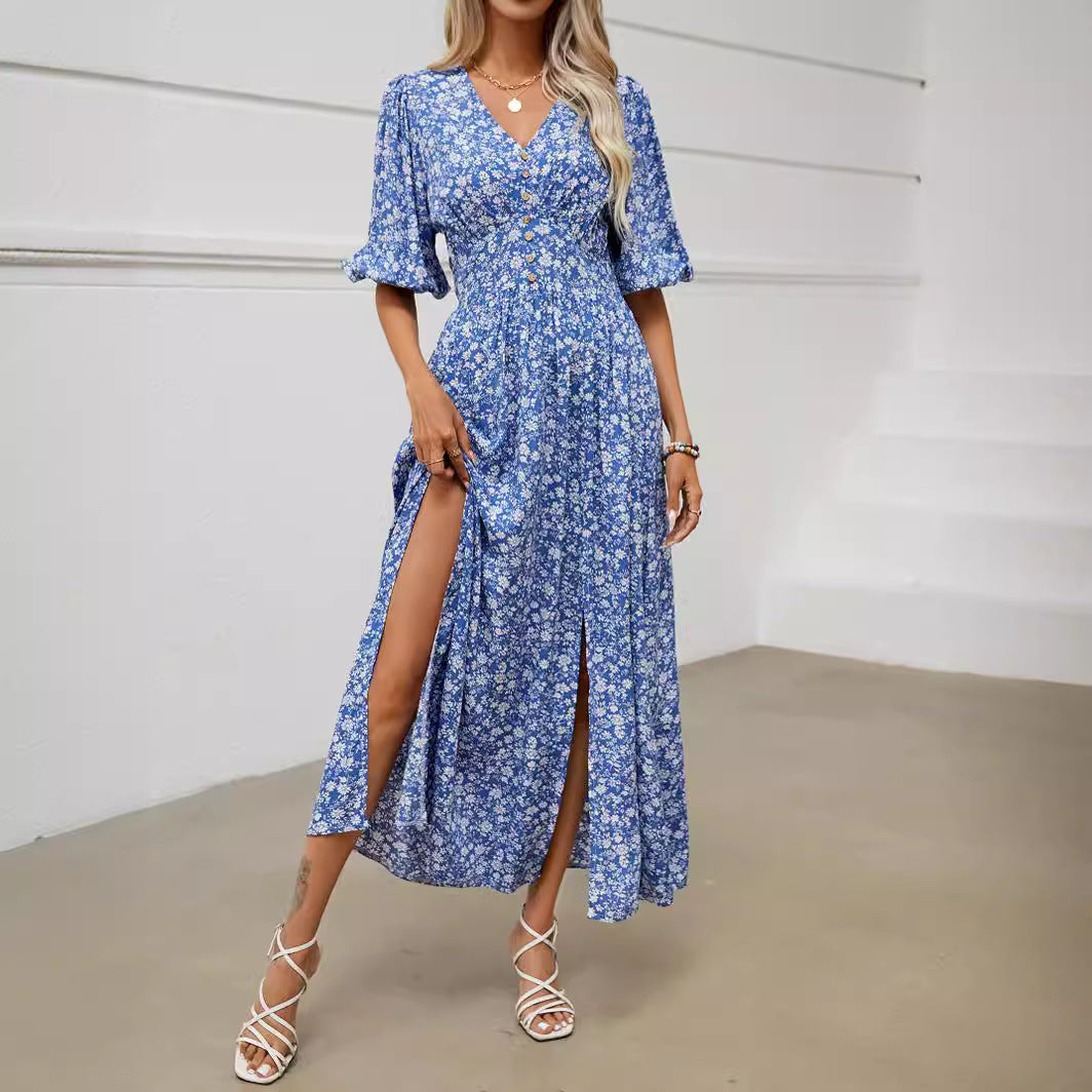 tight boho dresses Women's Boho V-Neck Maxi Dress – Lantern Sleeve Sapphire Blue Vacation –  HighTouch