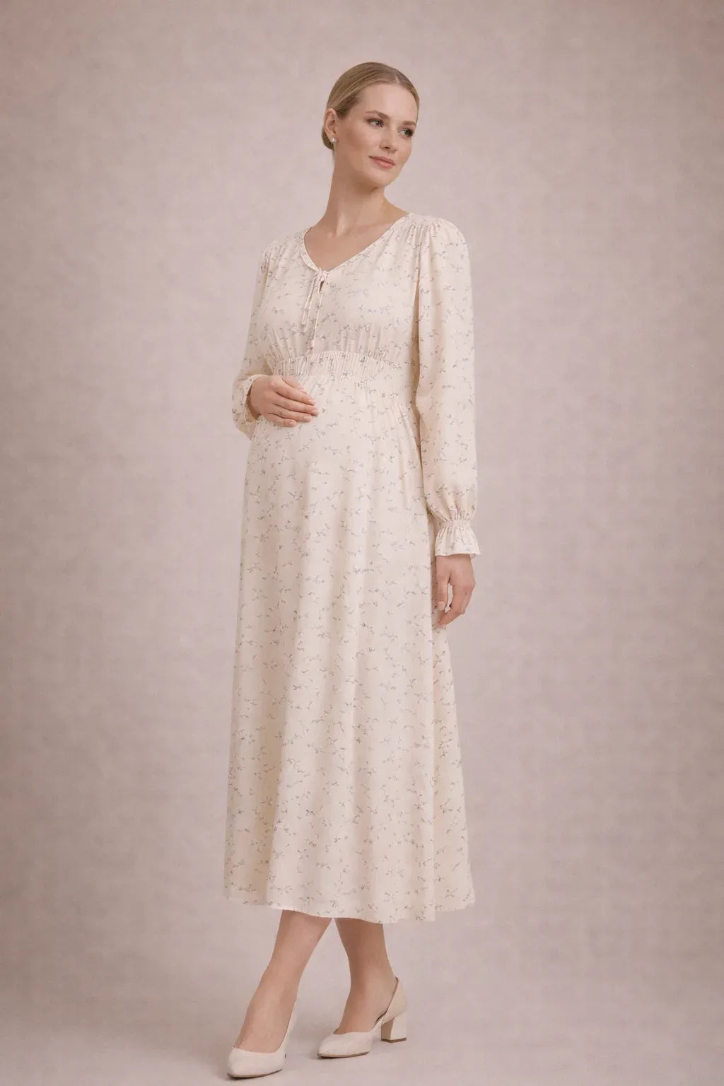 Maternity Maxi Dress – Long Sleeve Floral Pregnancy Dress, Empire Wais – HighTouch