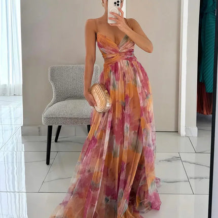 Faye™ | Elegant Printed Lace-Up Maxi Dress