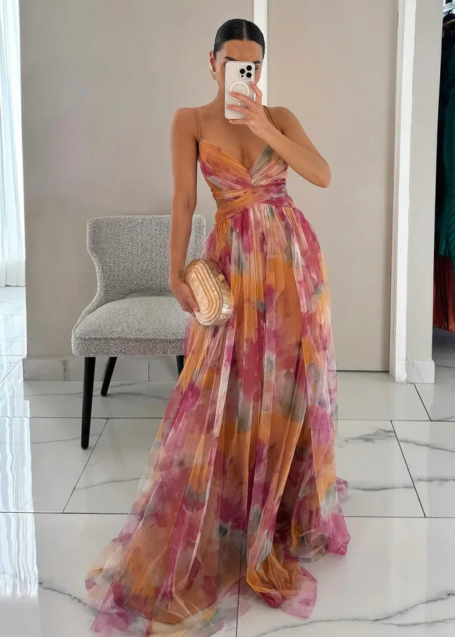 Faye™ | Elegant Printed Lace-Up Maxi Dress