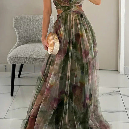 Faye™ | Elegant Printed Lace-Up Maxi Dress