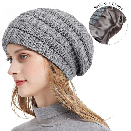 Women’s Silk-Satin Lined Chunky Knit Beanie