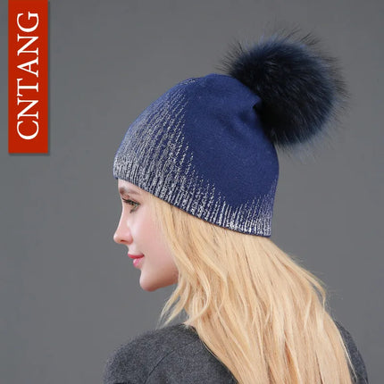 Women’s Chunky Knit Hat with Real Fur Pom Pom