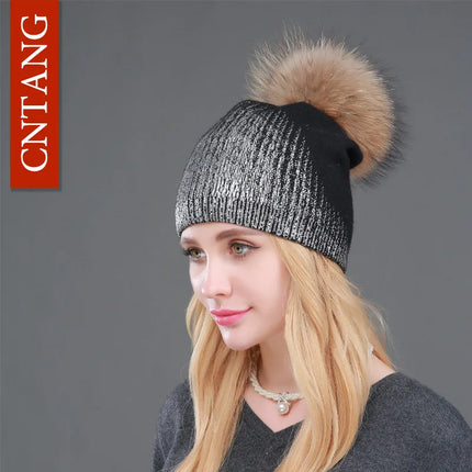 Women’s Chunky Knit Hat with Real Fur Pom Pom