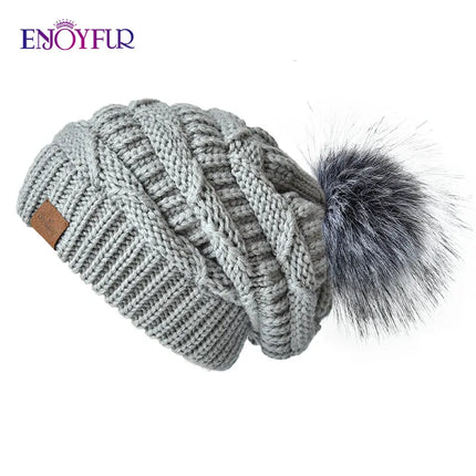 Women’s Faux Fur Pom Slouchy Knit Beanie