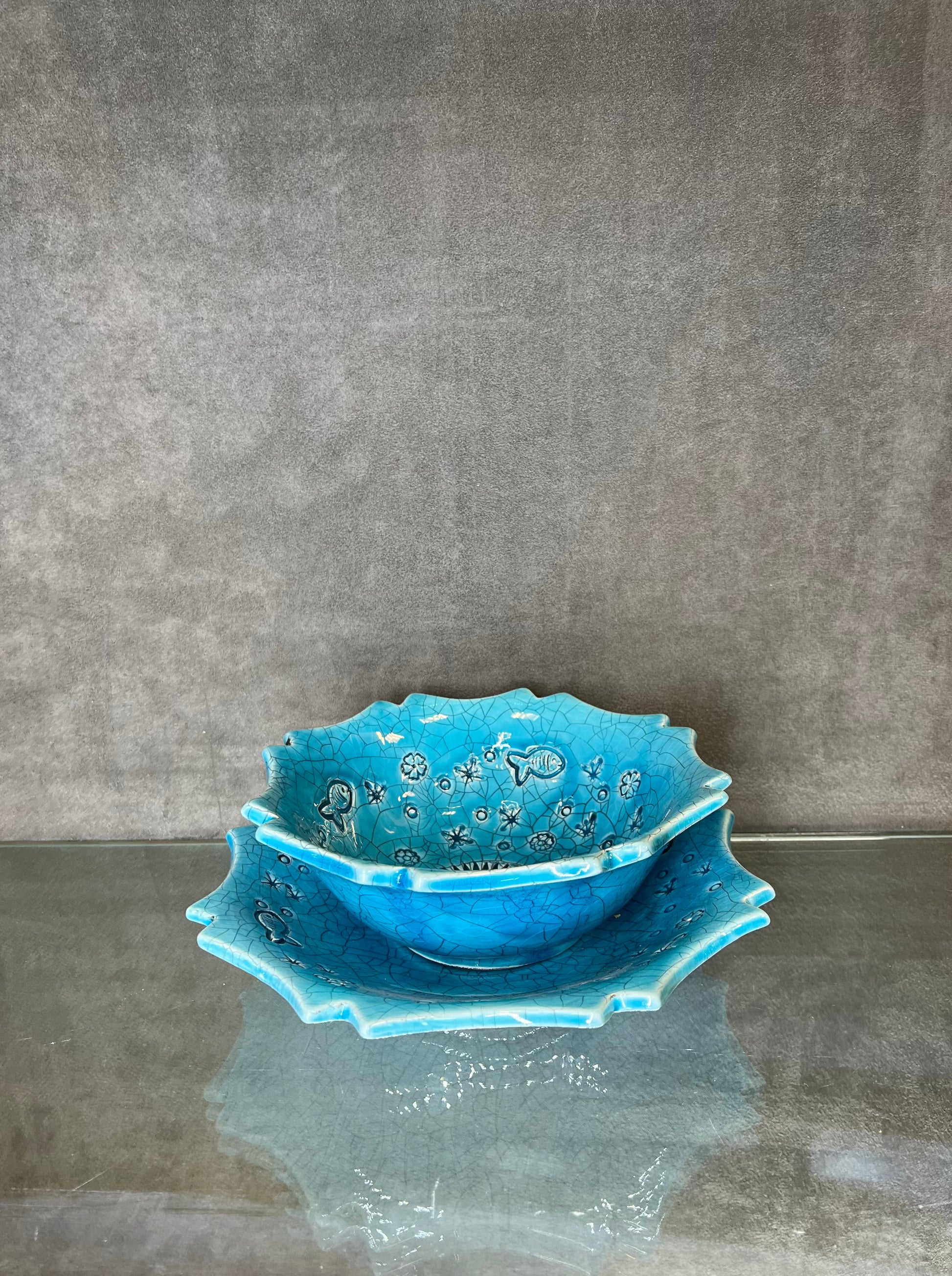 Glazed Blue Craved Fish Bowl with Plate - HighTouch 