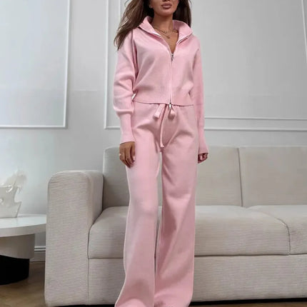 Knit Zip-Up Cardigan & Wide-Leg Pants Set