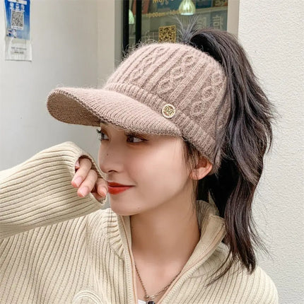 Rabbit Fur-Lined Knit Beanie with Open Top