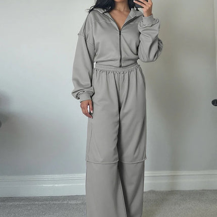Women’s Panel-Stripe Hoodie & Wide-Leg Tracksuit Set – Sporty Retro Comfort