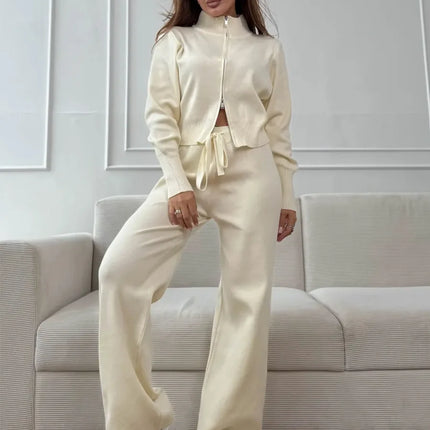 Knit Zip-Up Cardigan & Wide-Leg Pants Set