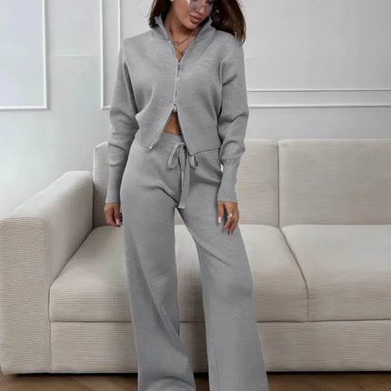 Knit Zip-Up Cardigan & Wide-Leg Pants Set