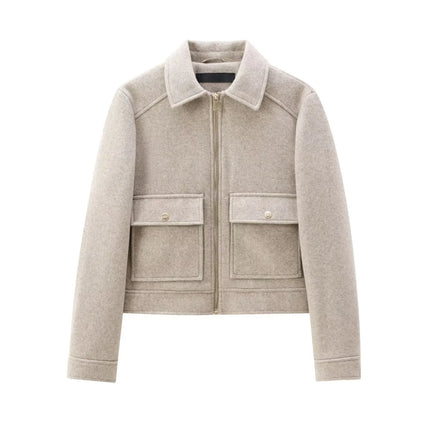 Women's Winter Zipper Jacket - Elegant Short Street Coat with Pockets