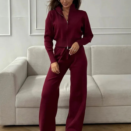 Knit Zip-Up Cardigan & Wide-Leg Pants Set