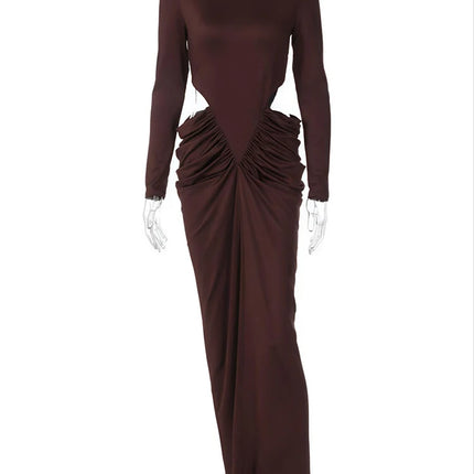 Women’s Hollow-Out Ruched Maxi Dress – Long Sleeve Turtleneck Evening Wear