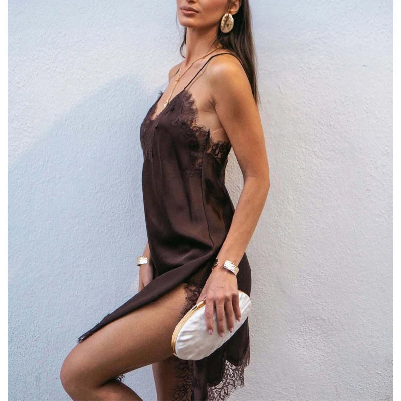 Women's Satin Backless Mini Dress – Sexy Lace Slip Dress – HighTouch