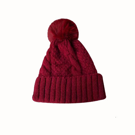 Twist-Knitted Women’s Winter Beanie with Fur Pom-Pom