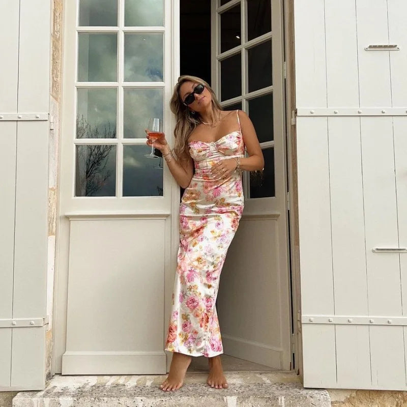 Women's Stunning Spaghetti Strap Floral Print Bodycon Maxi Dress, Ivory / S