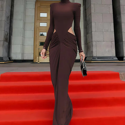 Women’s Hollow-Out Ruched Maxi Dress – Long Sleeve Turtleneck Evening Wear