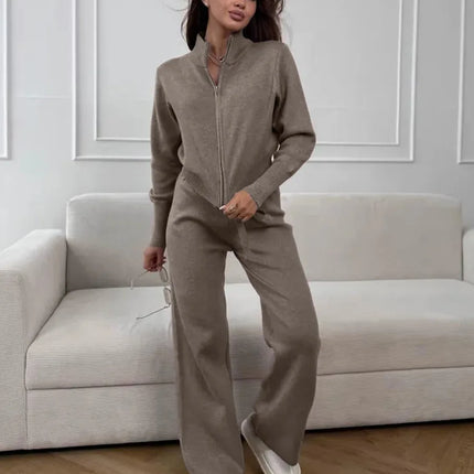 Knit Zip-Up Cardigan & Wide-Leg Pants Set