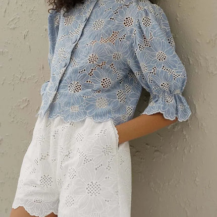 Elegant Blue Print Cotton Shirt – Hollow-Out O-Neck Blouse for Women