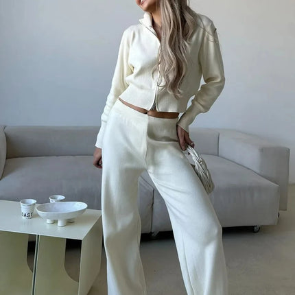 Knit Zip-Up Cardigan & Wide-Leg Pants Set