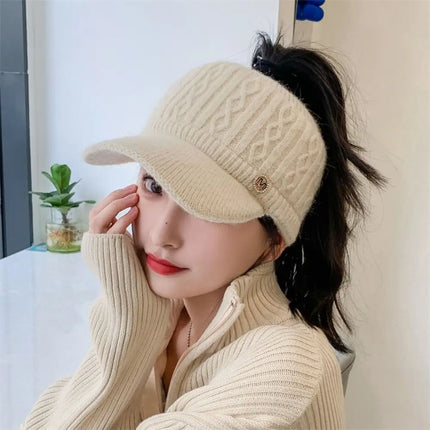 Rabbit Fur-Lined Knit Beanie with Open Top