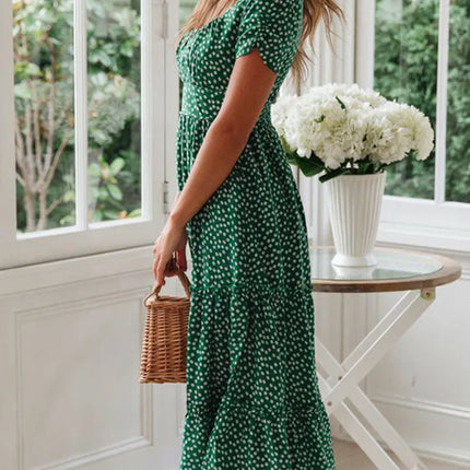 Vintage Floral Square‑Collar Puff‑Sleeve Maxi Dress with Slit