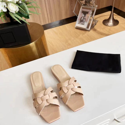 Genuine Leather Square Toe Summer Slides