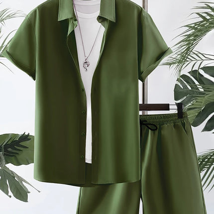 Men’s Solid Color Hawaiian Shirt & Shorts Set – Oversized Summer 2-Piece