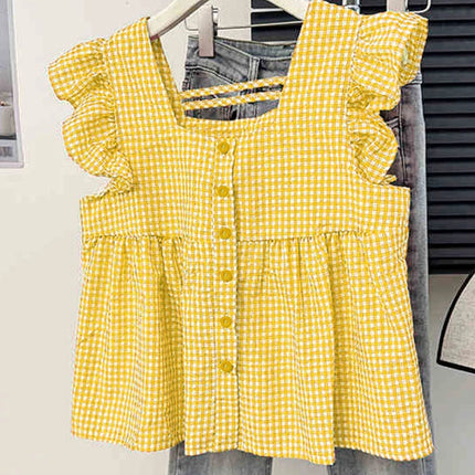 Plaid Ruffle Sleeveless Tunic – Women’s Summer Square Neck Camisole