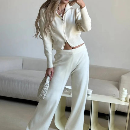 Knit Zip-Up Cardigan & Wide-Leg Pants Set