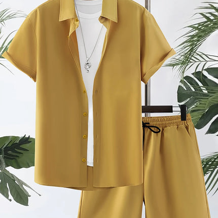 Men’s Solid Color Hawaiian Shirt & Shorts Set – Oversized Summer 2-Piece