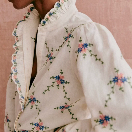 Women’s Floral Embroidery Stand-Collar Ruffle Blouse