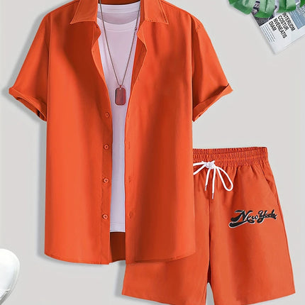 Men’s Solid Color Hawaiian Shirt & Shorts Set – Oversized Summer 2-Piece