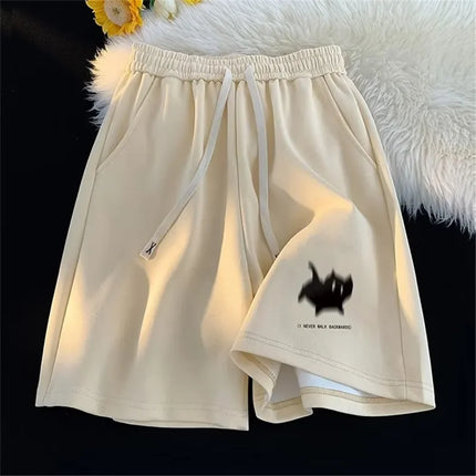 Y2K Oversized Kitten Print Shorts – High-Waist Streetwear Style