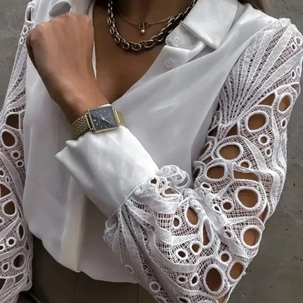 White Lace Hollow-Out Long Sleeve Blouse – Vintage Button-Up Elegance