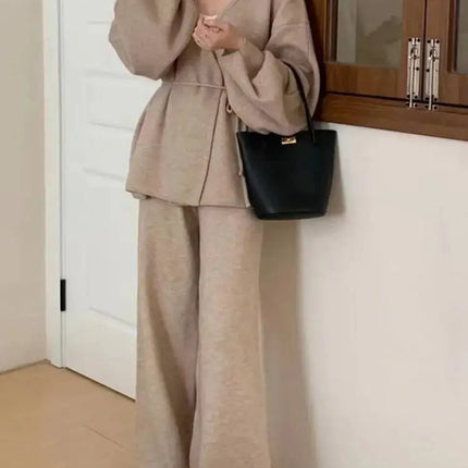 Knit Zip-Up Cardigan & Wide-Leg Pants Set