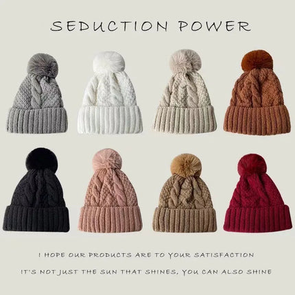 Twist-Knitted Women’s Winter Beanie with Fur Pom-Pom