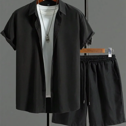 Men’s Solid Color Hawaiian Shirt & Shorts Set – Oversized Summer 2-Piece