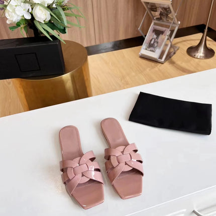 Genuine Leather Square Toe Summer Slides