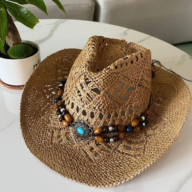 Bohemian Straw Cowboy Sun Hat – Wooden Beads