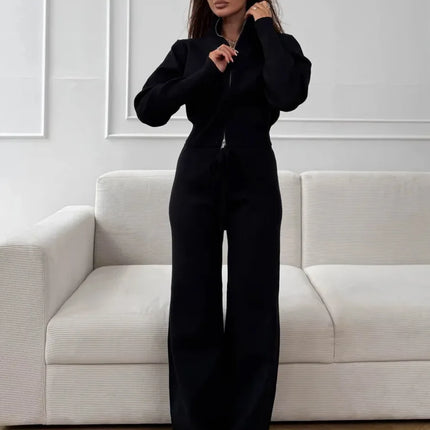 Knit Zip-Up Cardigan & Wide-Leg Pants Set