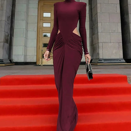 Women’s Hollow-Out Ruched Maxi Dress – Long Sleeve Turtleneck Evening Wear