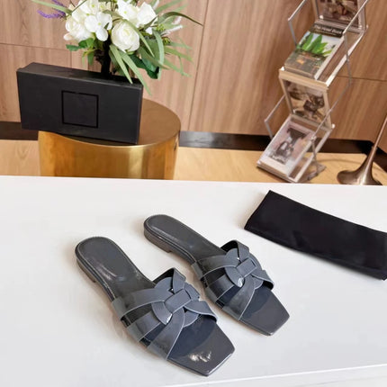 Genuine Leather Square Toe Summer Slides