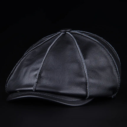 Genuine Cowhide Leather Octagonal Cap – Warm & Adjustable Men’s Style