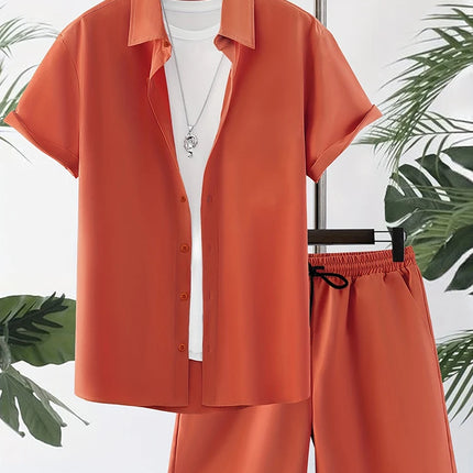 Men’s Solid Color Hawaiian Shirt & Shorts Set – Oversized Summer 2-Piece