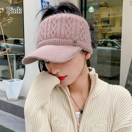 Rabbit Fur-Lined Knit Beanie with Open Top