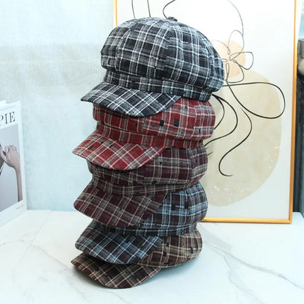 Vintage Plaid Octagonal Beret Hat for Women