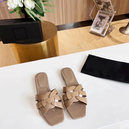 Genuine Leather Square Toe Summer Slides